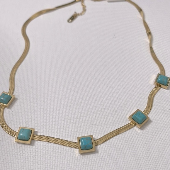 Turquoise Blue Stone Square Herringbone Necklace - Picture 16 of 17